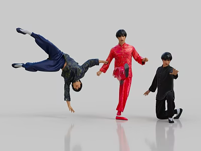 Three People in Traditional Costumes Performing Martial Arts Poses Handstand One Leg Stand Half Kneel 3d model