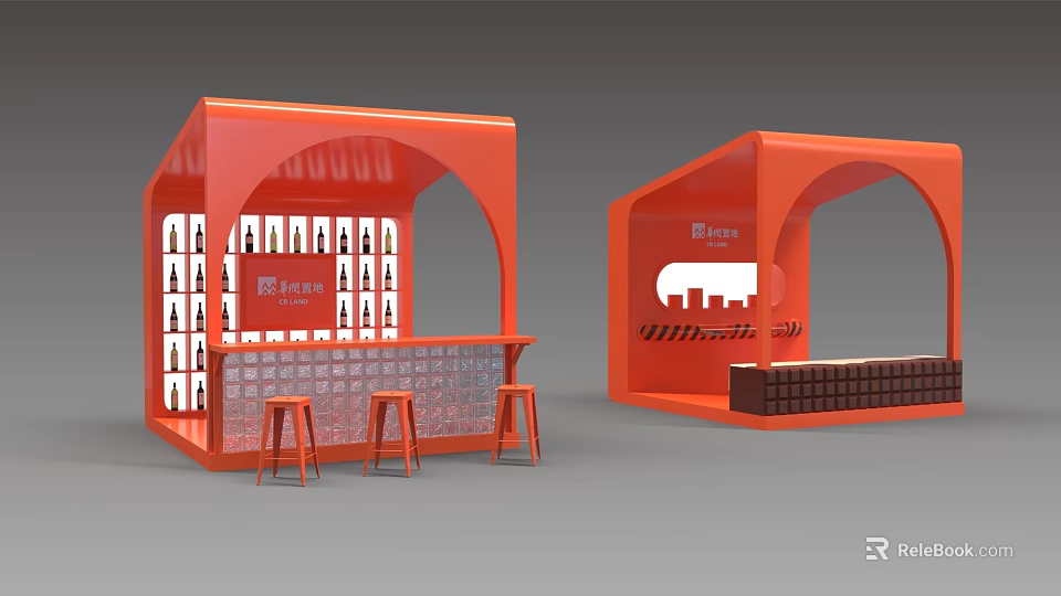 Orange Shopping Mall Kiosk With Arched Top Shelves Bene Logo City Design And Orange Stools 3d model 