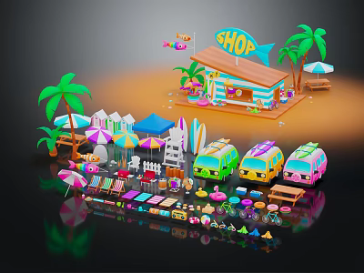 Decorative Ornament Set Featuring Beach Shop Scene Palm Trees Umbrellas And Colorful Carts 3d model