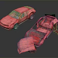 Red Car Model Display Featuring Broken Parts And Damaged Body Details
