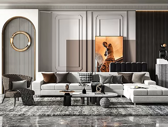 Modern Sofa Coffee Table Combination Leisure Chair Sofa Background Wall Gypsum Line Background Wall Decorative Ornaments 3d model
