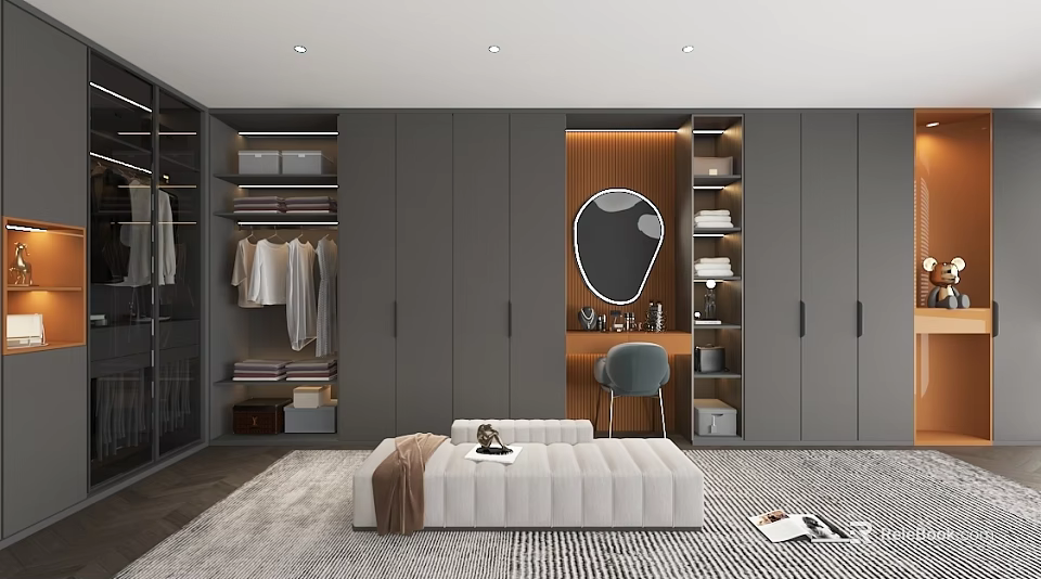 Modern Walk in Closet Interior With Cabinets Round Mirror And Storage Bench 3d model 