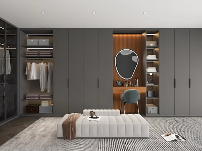Modern Walk in Closet Interior With Cabinets Round Mirror And Storage Bench 3d model