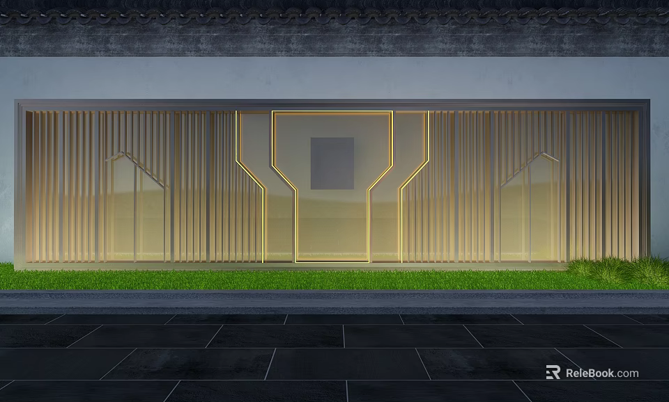 Modern Landscape Wall With Geometric Wooden Slats Golden Lines And Grass Lawn 3d model 