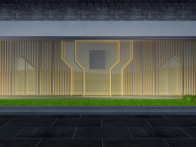 Modern Landscape Wall With Geometric Wooden Slats Golden Lines And Grass Lawn 3d model