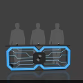 Modern Reception Desk With Geometric Design Blue Illuminated Lines And Silhouette Figures On Reflective Floor