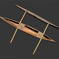 Yellow Wooden Boat With Wooden Oars On Black Background And Reflection
