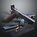 Classic Semi Automatic Pistol With Wooden Grip Magazines And Bullets On Black Surface
