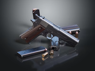 Classic Semi Automatic Pistol With Wooden Grip Magazines And Bullets On Black Surface 3d model