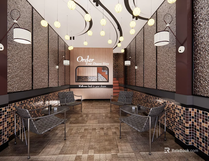 Modern Restaurant Interior With Pendant Lights Mosaic Walls And Seating Areas 3d model 