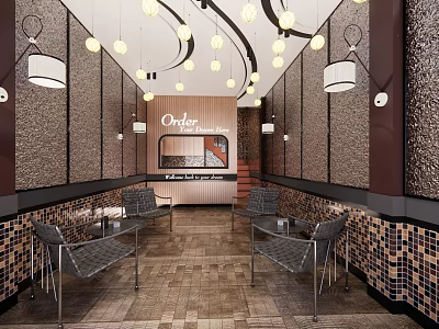 Modern Restaurant Interior With Pendant Lights Mosaic Walls And Seating Areas 3d model