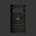Sturdy Cylindrical Dark Metal Trash Can With Golden Decorative Stripes And Logo
