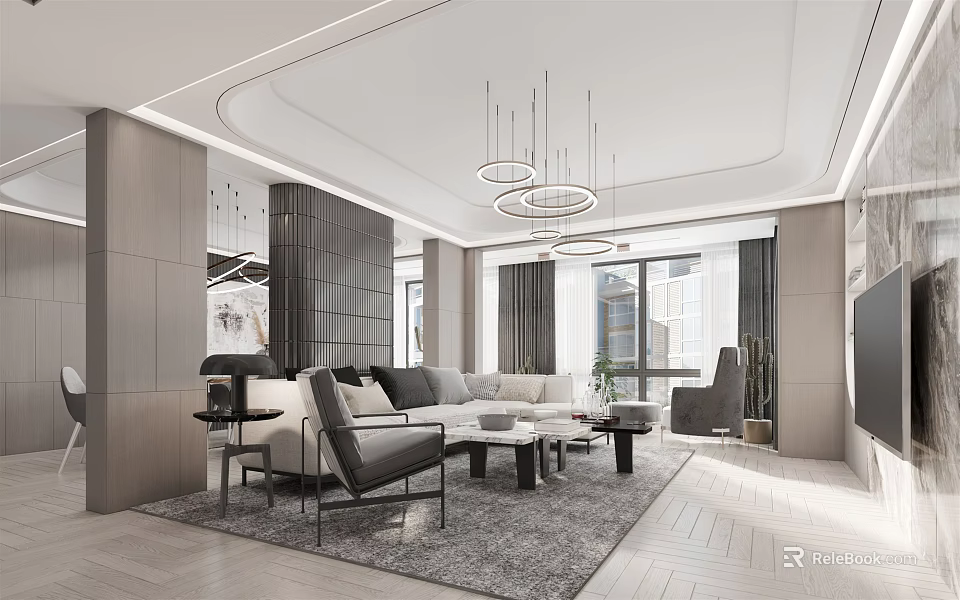 Modern Living and Dining Room Interior Design With Sofa Coffee Table Chandelier and Area Rug 3d model 