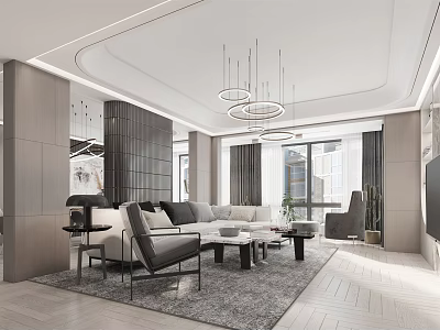 Modern Living and Dining Room Interior Design With Sofa Coffee Table Chandelier and Area Rug 3d model