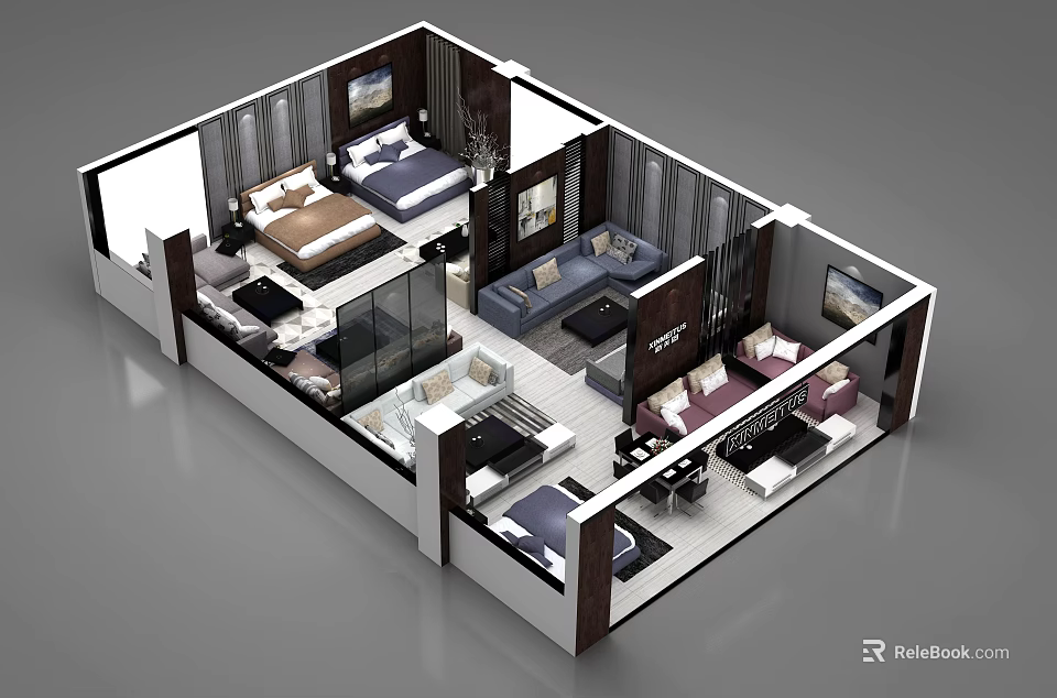 Birds Eye View of Modern Interior Layout With Bedrooms Living Room And Furniture 3d model 