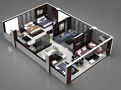 Birds Eye View of Modern Interior Layout With Bedrooms Living Room And Furniture 3d model