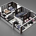 Birds Eye View of Modern Interior Layout With Bedrooms Living Room And Furniture