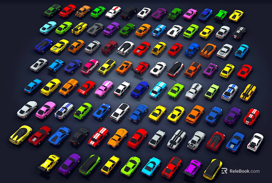 Colorful Small Cars In Various Colors Neatly Arranged On Dark Background 3d model 