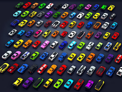 Colorful Small Cars In Various Colors Neatly Arranged On Dark Background 3d model