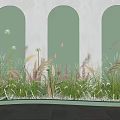 Decorative Flowers and Plants in Front of Three Green Arched Doorways with Background Wall