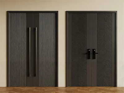Dark Modern Double Doors With Vertical Stripes Herringbone Pattern And Black Handles 3d model