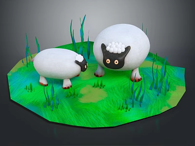 Game Movie Character Two White Sheep With Black Eyes On Green Grass Field 3d model
