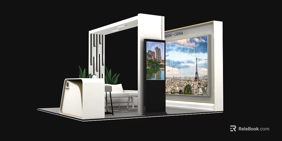 China National Geography Exhibition Booth with White Structure Large Screen Displaying Cityscape and Green Plants 3d model 