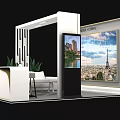 China National Geography Exhibition Booth with White Structure Large Screen Displaying Cityscape and Green Plants