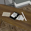 Organized Wooden Table With Notebooks Papers Pens And Ruler 3d model