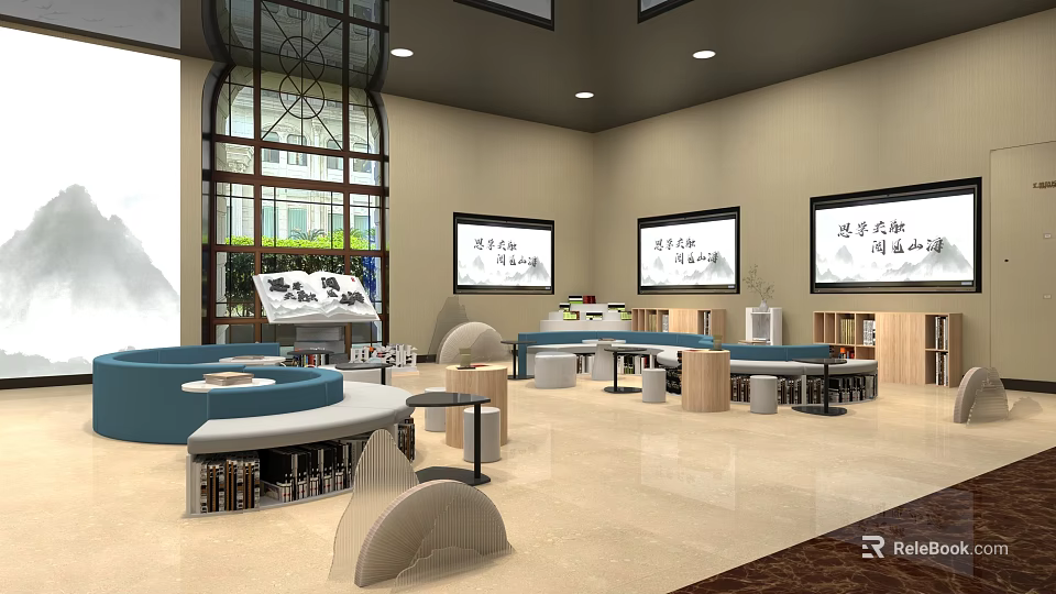 Modern Kindergarten Indoor Space With Colorful Tables Books And Play Areas 3d model 
