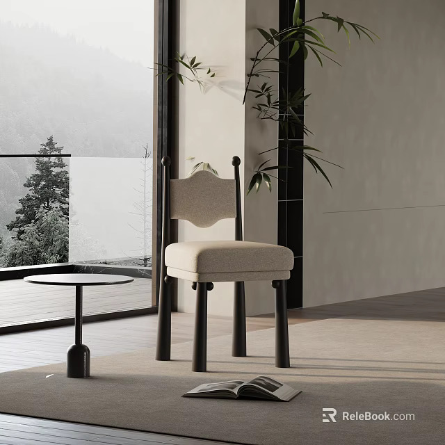 Modern Comfortable Leisure Chair With Upholstered Seat Wooden Legs And Bamboo Plant Near Window View 3d model 