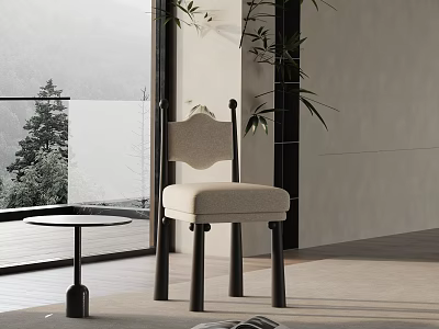 Modern Comfortable Leisure Chair With Upholstered Seat Wooden Legs And Bamboo Plant Near Window View 3d model