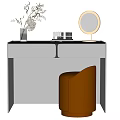 Modern Dressing Table With Round Mirror Cosmetics Dried Flowers And Brown Stool 3d model
