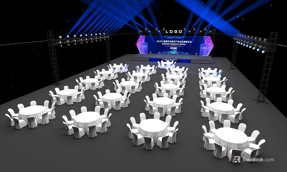 Elegant Banquet Hall With Blue Lighting Stage Logo Round Tables White Tablecloths And Chairs 3d model 