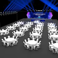 Elegant Banquet Hall With Blue Lighting Stage Logo Round Tables White Tablecloths And Chairs