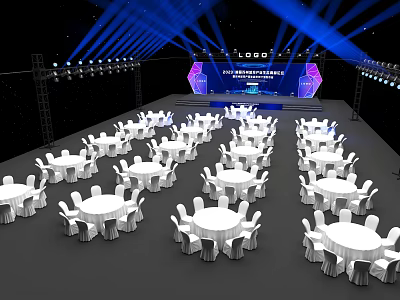 Elegant Banquet Hall With Blue Lighting Stage Logo Round Tables White Tablecloths And Chairs 3d model