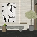 Modern Grey Stone Landscape Bench With Beige Wall Abstract Art Olive Tree And Green View