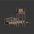 Ancient Wooden Architectural Structures Featuring Platforms Shelves Railings And Roof Frames