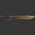 Fantasy Weapon Sword with Golden Blade Blue Hilt Ornate Decorative Patterns and Metallic Accents