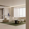Modern Living Room With White Sofa Red Armchair Green Rug And Built In TV Wall