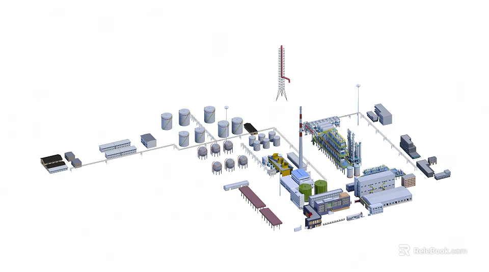 Industrial Plant Layout With Storage Tanks Processing Tower Pipes And Equipment 3d model