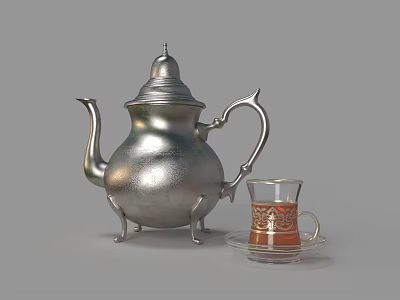Silver Teapot And Glass Teacup With Saucer For Traditional Tea Serving 3d model