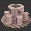 Round Dining Table With Checkerboard Top And Wooden Stools On Checkerboard Floor