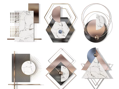 Modern Elegant Geometric Wall Decor With Marble Texture And Gold Metal Frames 3d model