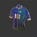 Blue Cycling Jersey With Yellow White Light Blue Stripes And Logos On Sleeves