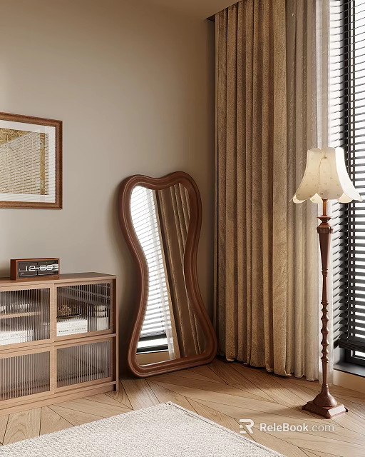Wooden Full Length Mirror With Glass Cabinet Wall Art And Floor Lamp In Interior 3d model 