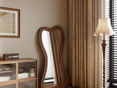 Wooden Full Length Mirror With Glass Cabinet Wall Art And Floor Lamp In Interior 3d model