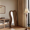 Wooden Full Length Mirror With Glass Cabinet Wall Art And Floor Lamp In Interior