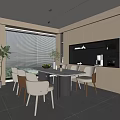 Modern Restaurant Interior Design With Open Kitchen Dining Table Chairs And Green Plants 3d model