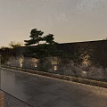 Modern Garden Landscape With Illuminated Stone Wall Archway Tree Pathway And Building